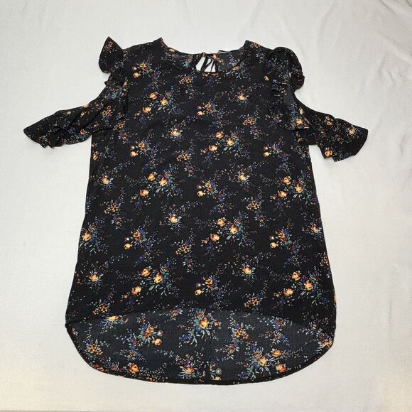 Sandro Paris Cold Shoulder Top Women 1 Small Black Floral Keyhole High Low - Picture 4 of 12